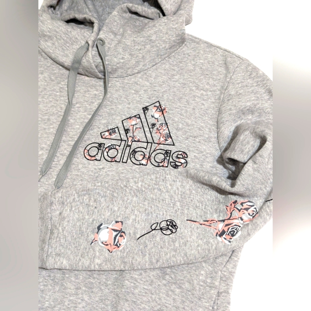 Adidas Gray Floral Logo Pullover Hoodie Size: Medium
